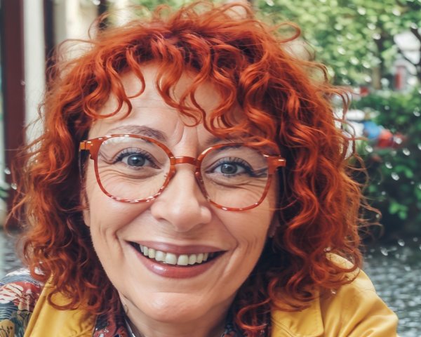 Cheerful woman with red curly hair and glasses