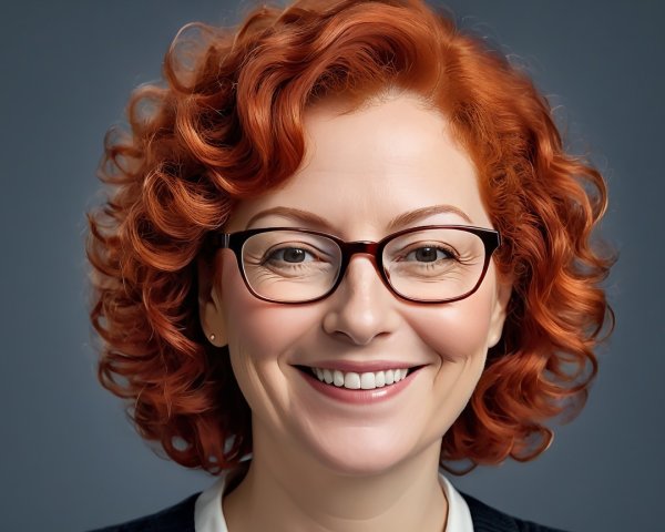 Smiling Woman with Curly Red Hair and Glasses
