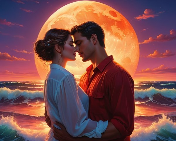 Couple Embracing at Beach with Moonlit Ocean View