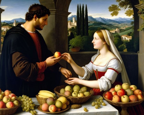Romantic Scene of Fruit Exchange in Serene Setting