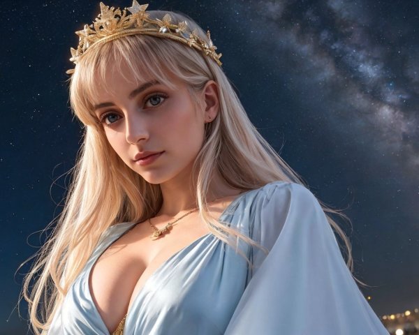 Blonde Woman in Starry Night with Gold Tiara and Dress