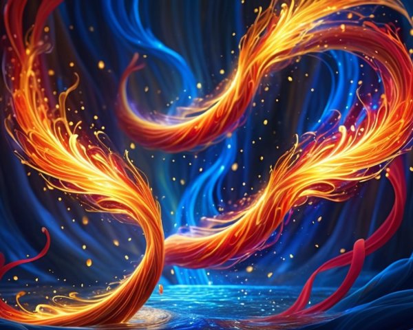 Abstract Scene of Swirling Flames and Calm Waters