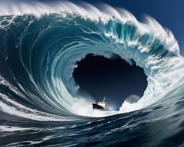 Heart-Shaped Wave and Boat in Turbulent Ocean Scene