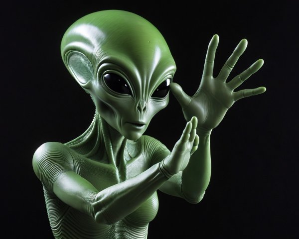 Green Humanoid Alien Character with Black Eyes