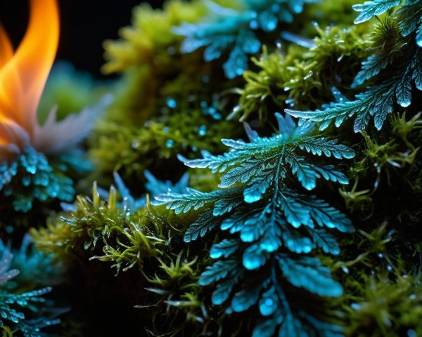 Lush Green Moss and Ferns with Flickering Flames