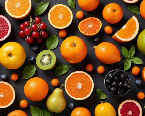 Assorted Fruits Arrangement with Green Leaves