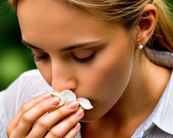 Young Woman Holding White Flower in Tranquil Setting
