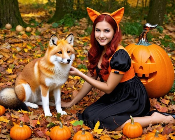 Autumn Scene with Woman, Fox, and Pumpkins