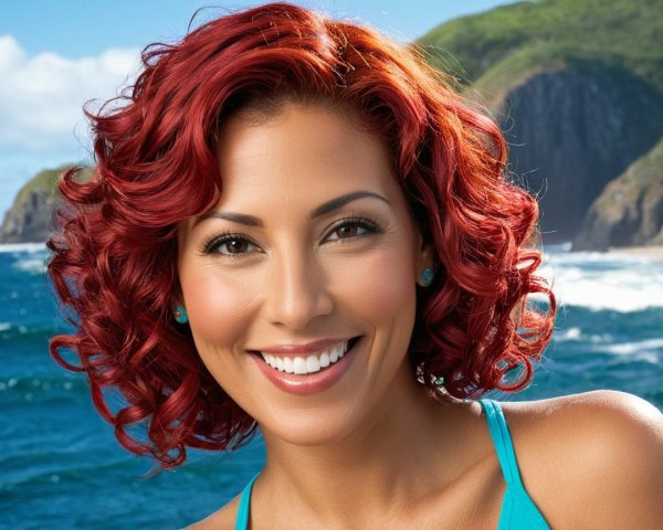 Woman with Red Hair Smiling by Coastal Scenery