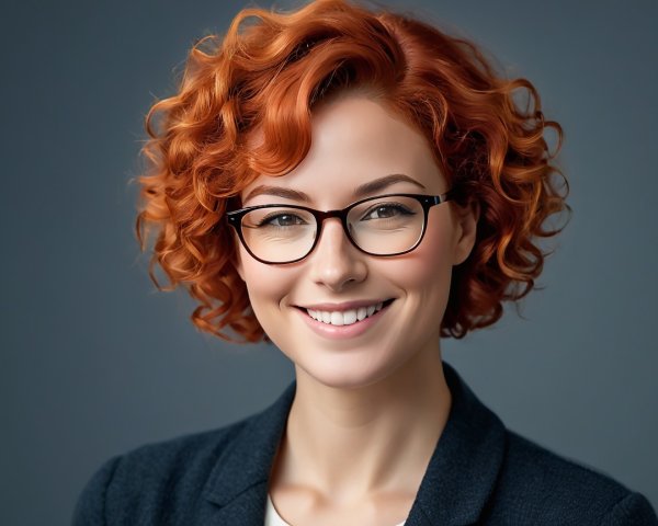 Confident Woman with Curly Red Hair and Glasses