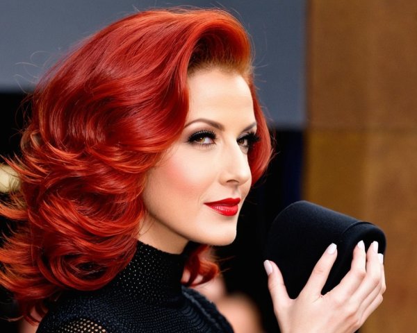 Woman with voluminous red hair and dramatic makeup