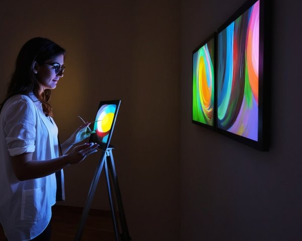 Woman in Art Gallery Engaged with Digital Tablet