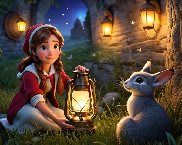 Young girl in red cloak with lantern in moonlit scene