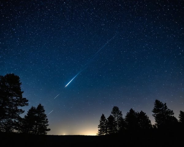 Night Sky with Stars, Meteor, and Silhouetted Trees