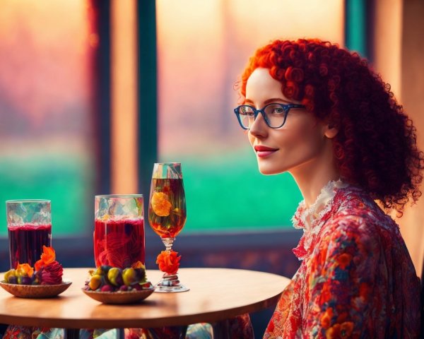 Woman with Red Hair at Table with Colorful Drinks