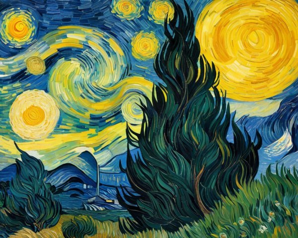 Vibrant Night Sky with Stars and Cypress Tree
