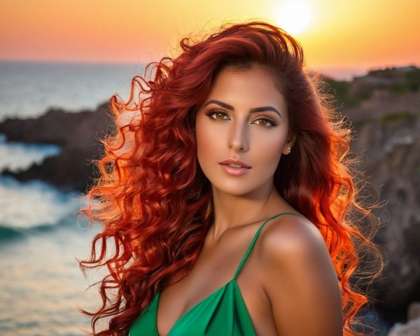 Woman with Red Curls at Sunset by the Sea