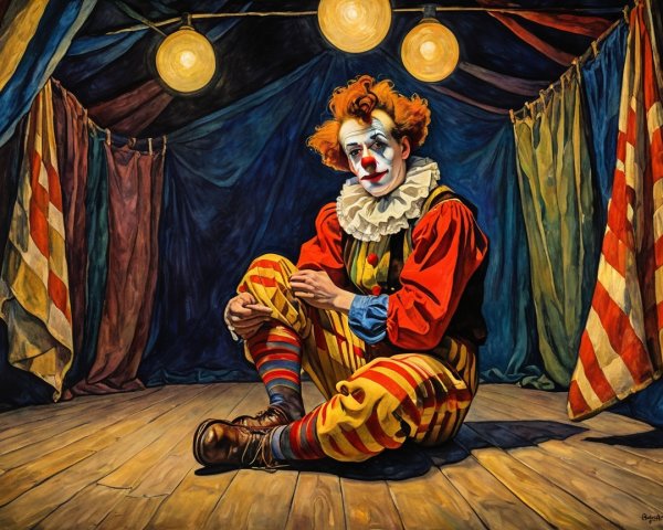 Colorful Clown on Wooden Stage with Vibrant Curtains
