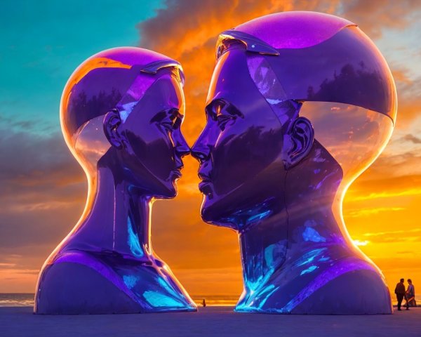 Humanoid sculptures under a vivid sunset sky