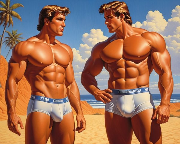 Muscular Male Figures on Sandy Beach with Palm Trees
