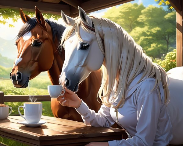 Whimsical Scene of Woman and Horses in Nature