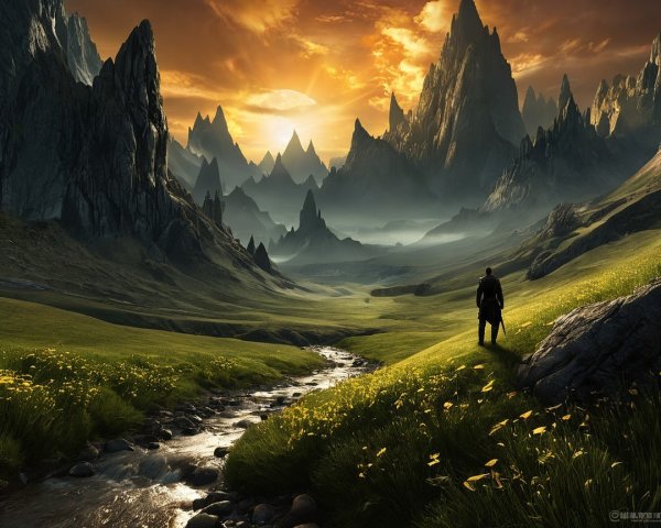 Solitary Figure in a Vibrant Mountain Valley at Sunset