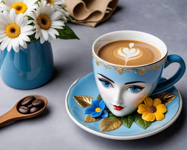 Whimsical Coffee Cup with Heart Latte Art and Flowers