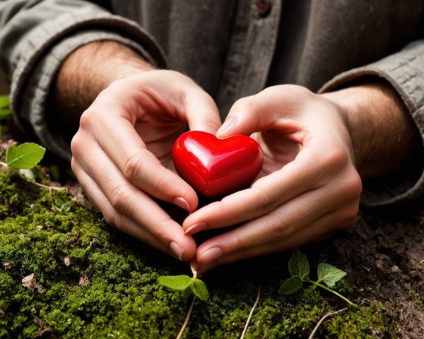 Hands Cradling a Red Heart on Green Moss Background