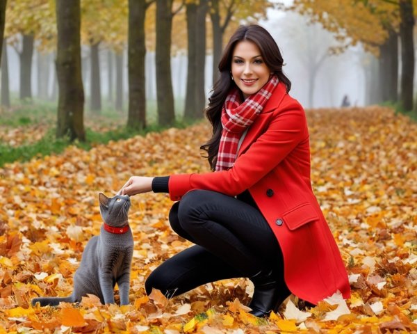 Woman in red coat with gray cat among autumn leaves