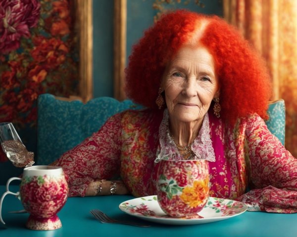 Grandmotherly Figure at a Vintage Decorated Table