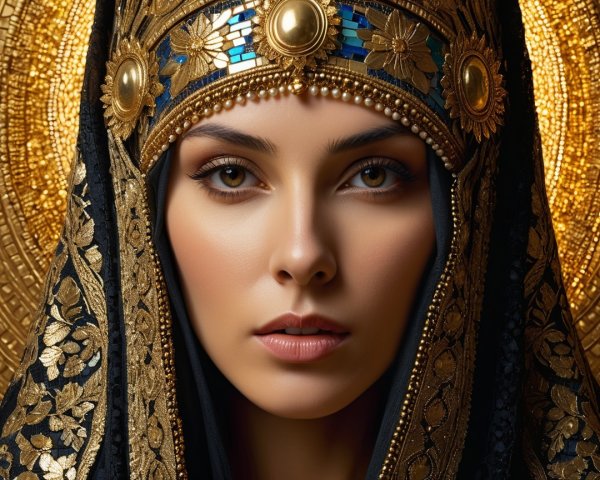 Woman in ornate headdress with golden patterns