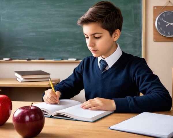 Young boy writing at a wooden desk in classroom