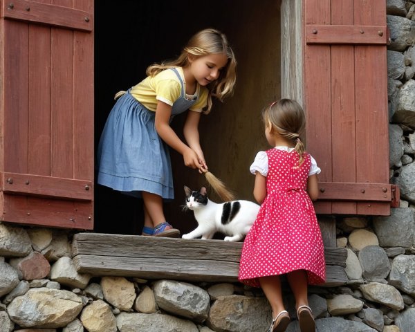 Young girls playing by a stone wall with a cat