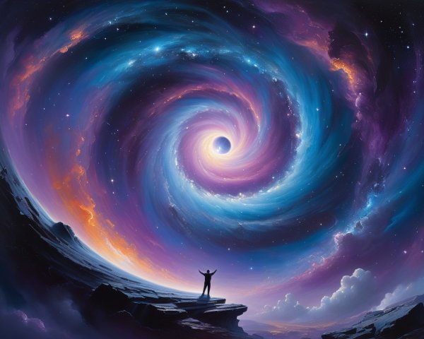Silhouette Against a Cosmic Whirlpool in Vibrant Colors