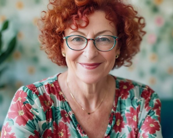 Cheerful Woman with Curly Red Hair and Floral Blouse