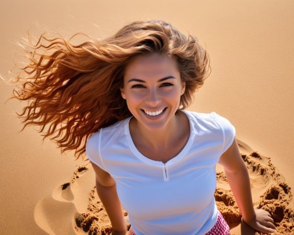 Joyful Young Woman on Sandy Beach with Sunlight