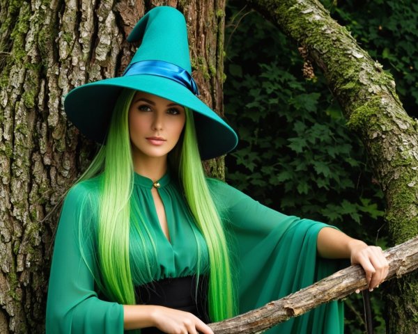 Enchanting Woman in Green with Witch Hat and Cape