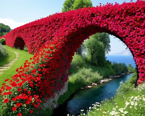 Floral Bridge Over Serene Waterway with Lush Greenery