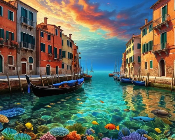 Vibrant Canal Scene with Colorful Buildings and Sunset