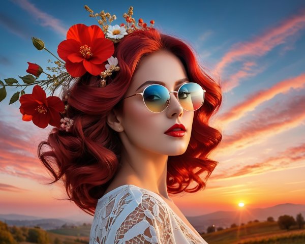 Vibrant Woman with Red Hair Against Sunset Background