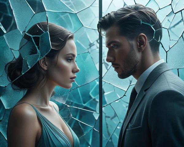 Woman and man framed by shattered glass in teal gown