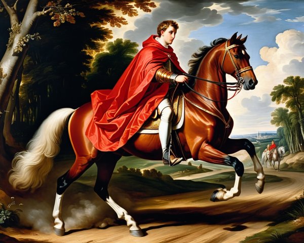 Rider in Red Cloak on Brown Horse in Lush Landscape