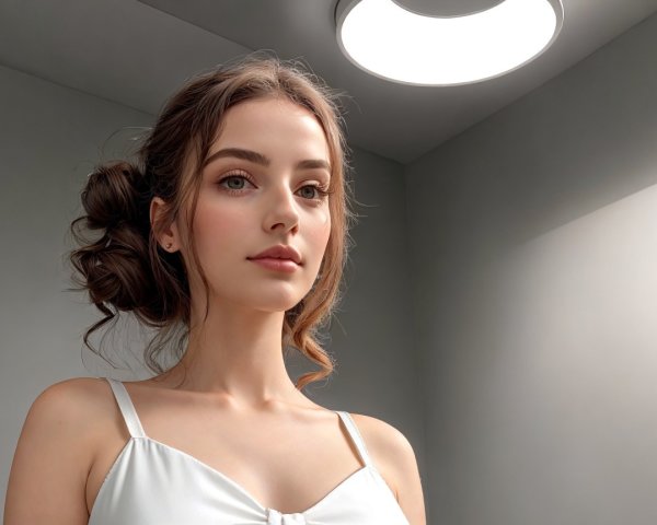 Young woman in softly lit space with modern decor