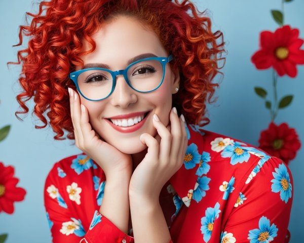 Young Woman with Curly Red Hair in Floral Shirt