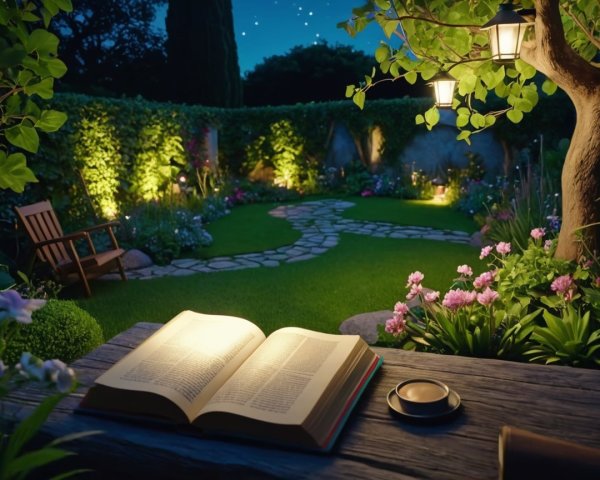 Tranquil Night Garden with Lanterns and Flowers