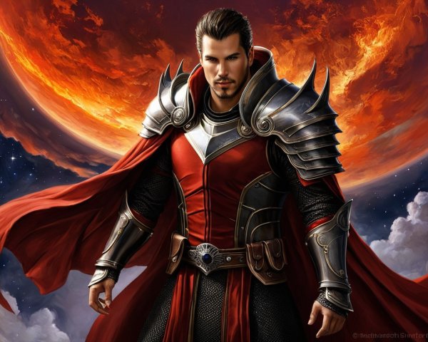 Heroic figure in detailed armor with crimson cape