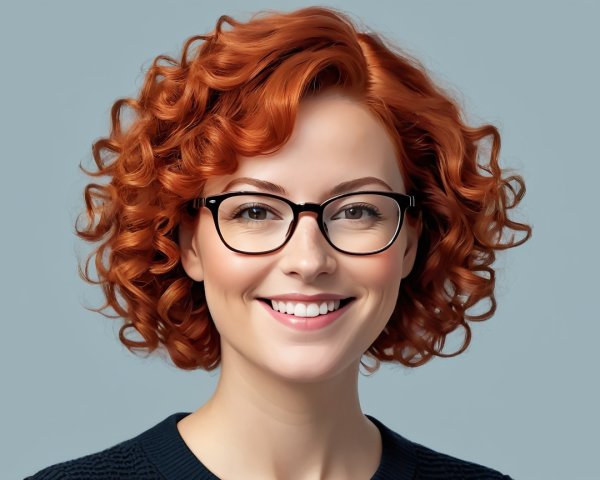Cheerful woman with red curly hair and glasses