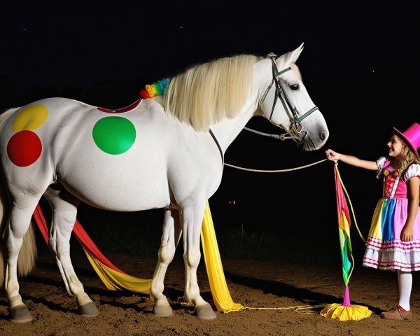 Young Girl with Colorful Dress and Polka Dot Horse