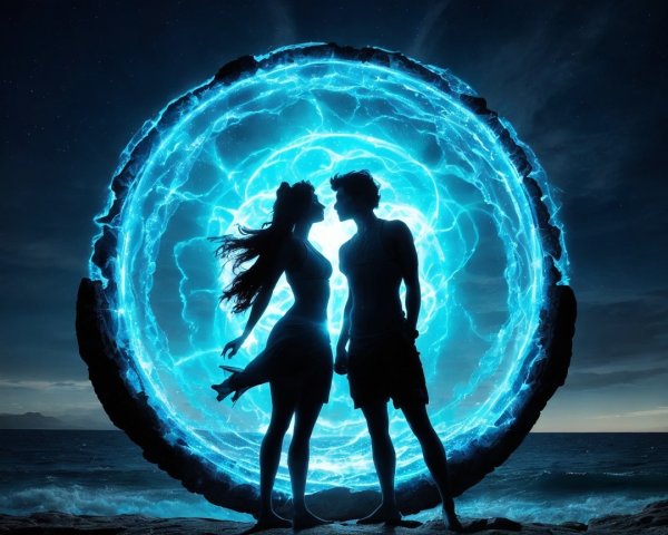 Silhouette of Couple by Glowing Blue Portal at Night