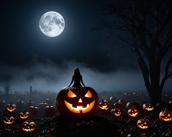 Moonlit Scene with Girl and Grinning Jack-o'-Lantern
